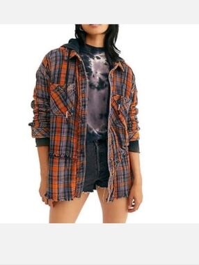 Free People We The Free Calico Basin Plaid Hooded Shirt Jacket